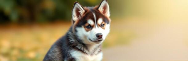 Adorable Puppy Portrait of a Fluffy Siberian Husky with Brown Eyes in a Nature Setting with Autumn Colors and Blurred Background photo