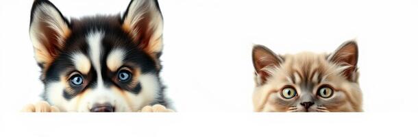 Cute and Adorable Close-Up of Playful Puppies and Kittens Capturing Loving Eye Contact and Expressive Faces in Furry Friendship photo