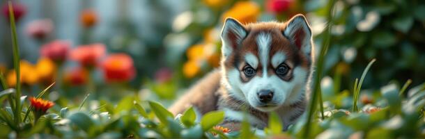 Puppy in Garden. Adorable Siberian Husky Surrounded by Colorful Flowers in a Lush Outdoor Setting photo