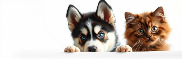 Cute Puppy and Ginger Kitten with Blue Eyes. Adorable Fluffy Friends Bonding on a White Background photo
