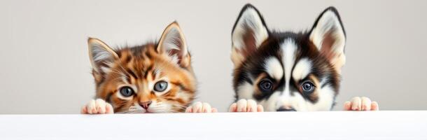 Cute and Playful Kitten and Puppy Duo. Adorable Siberian Husky and Bengal Cat Bonding in a Living Room photo