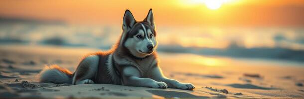 Siberian Husky Relaxing on Sandy Beach at Sunset. A Serene Nature Scene with Dramatic Sky and Oceanview photo