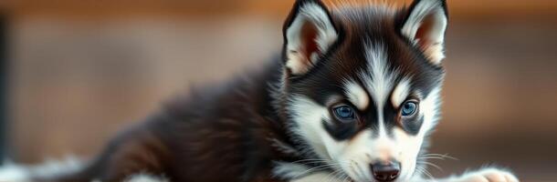 Cute Adorable Puppy Close-Up of Fluffy Blue-Eyed Siberian Husky Playing Indoors with Charming Expression and Sweet Face photo