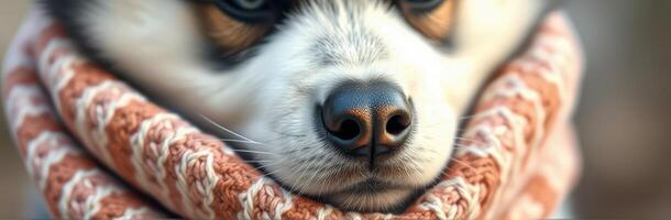 Cozy Dog Portrait in a Knitted Scarf. Close-Up of Adorable Canine's Nose and Eyes in Winter Fashion photo
