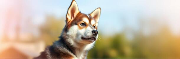 Siberian Husky Puppy Portrait in Nature - Playful and Cute Canine Close-Up with Blue Sky and Bokeh Effect photo