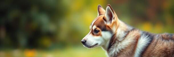 Adorable Siberian Husky Puppy Portrait with Beautiful Brown and White Markings in Nature Background photo