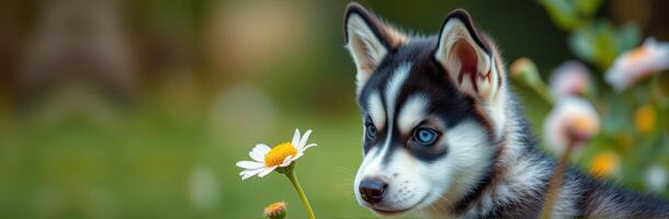 Cute Puppy Sniffing Garden Flower Surrounded by Nature - Adorable Siberian Husky with Blue Eyes in Springtime Setting photo