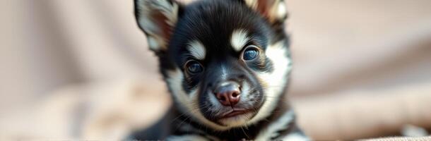 Cute and Adorable Puppy Portrait. Happy Fluffy Dog Close-Up with Sweet Face and Playful Expressions photo