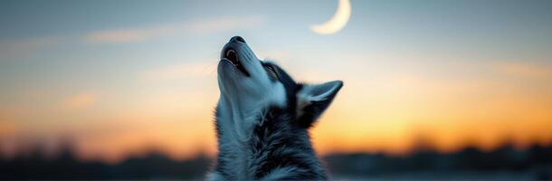Husky Howling at the Crescent Moon During Serene Twilight Evening Landscape photo