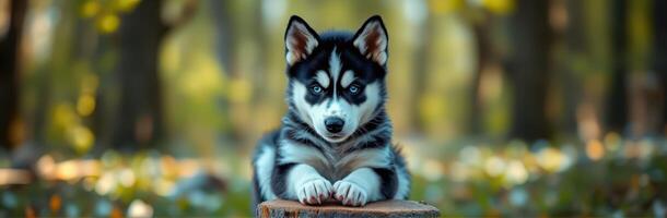 Siberian Husky Puppy with Blue Eyes Posing on Wooden Stump in Autumn Forest - Adorable and Fluffy Canine Portrait in Nature Photography photo