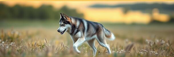 Majestic Siberian Husky Posing Playfully in a Scenic Field at Sunset - Energetic Canine Wildlife Adventure in Nature's Golden Hour photo