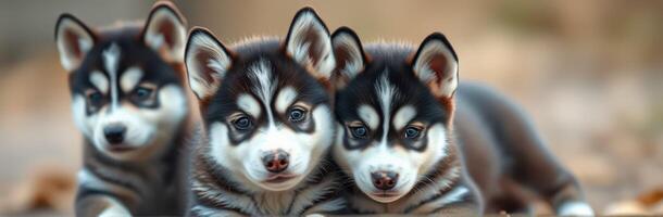 Adorable Trio of Fluffy Siberian Huskies Cuddling Together Outdoors in Nature - Captivating Dog Photography of Playful Puppies photo