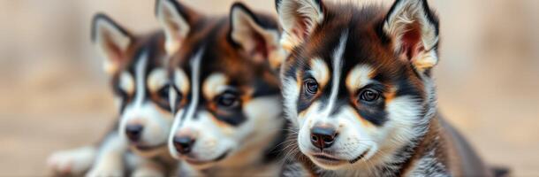 Cute and Adorable Puppies. Playful Husky Dogs in Nature with Fluffy Fur and Vibrant Expressions photo