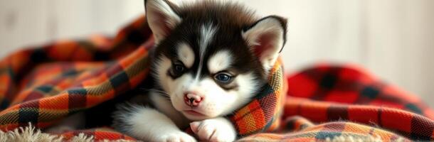 Cute and Cozy Sleeping Puppy Husky Wrapped in a Soft Blanket - Adorable Fluffy Pet Napping Peacefully on Tartan Bedding photo