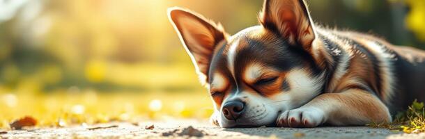 Cute Chihuahua Puppy Sleeping Outdoors in the Sunshine. Adorable Pet Portrait with Calm and Peaceful Vibes photo
