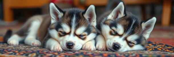 Cute and Adorable Sleeping Puppies. Twin Huskies Napping Together Indoors on a Cozy Rug photo