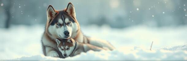 Adorable Siberian Husky Puppies Sleeping in the Snowy Forest. Capturing Family Love and Tenderness in a Cozy Winter Wonderland photo