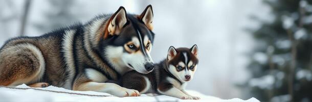 Cute Siberian Husky Puppy Playing in Winter Snow. A Heartwarming Family Bonding Moment in Nature photo