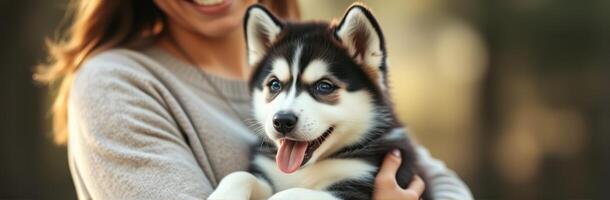 Cute Siberian Husky Puppy Cuddling with Smiling Young Woman in Sunny Autumn Forest. A Joyful Moment of Pet Love and Companionship photo