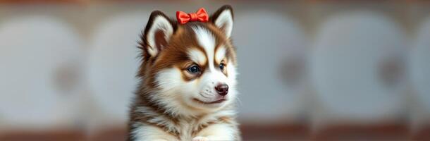 Cute and Adorable Fluffy Puppy Portrait. Tiny Brown and White Pomeranian with Playful Expression Indoors photo