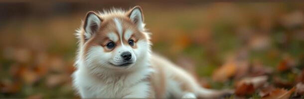 Cute and Playful Pomeranian Puppy Outdoors Among Autumn Leaves in Nature Setting photo
