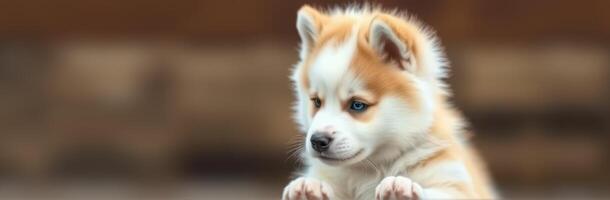 Cute and Adorable Puppy Closeup Portrait of Fluffy Siberian Husky with Blue Eyes in Soft Focus Bokeh Background photo