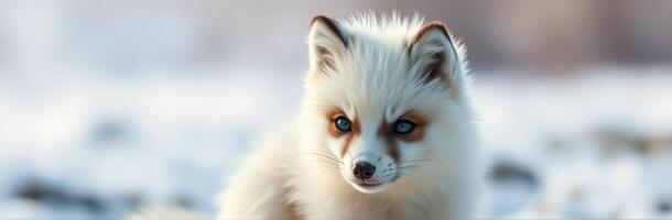 Cute Arctic Fox in Snow Background. Close-Up Wildlife Photography of Beautiful White Fur Animal with Blue Eyes in Winter Wonderland photo