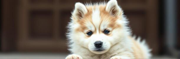 Cute and Adorable Puppy Portrait. Fluffy Pomeranian Close-Up with Playful Expressions and Brown Eyes photo