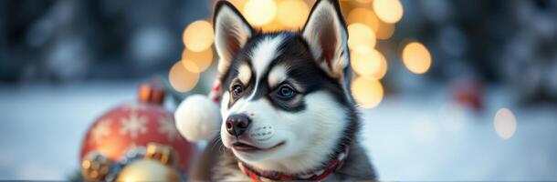 Puppy Portrait. Adorable Siberian Husky Surrounded by Christmas Lights in a Winter Wonderland photo