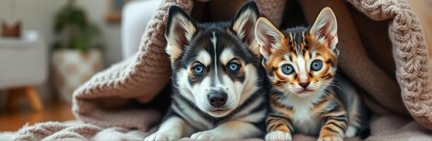 Adorable Puppy and Kitten Cuddling Together on Brown Blanket in Cozy Living Room Setting photo