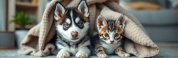 Adorable Puppy and Kitten Snuggling Together on a Cozy Blanket - Cute Domestic Animals Friendship in a Warm Indoor Home Setting photo