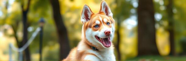 Siberian Husky with Blue Eyes and Red Coat Enjoying Outdoor Play in a Sunny Forest with Autumn Leaves photo