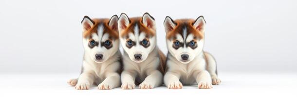 Cute and Adorable Siberian Husky Puppies with Blue Eyes Lying Down Together on a Clean White Background photo