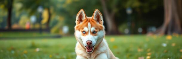 Siberian Husky with Blue Eyes Relaxing in Grassy Park Setting on a Sunny Autumn Day photo