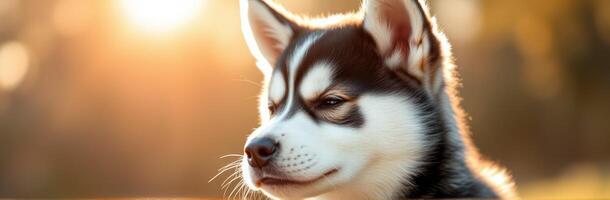 Cute Siberian Husky Puppy Portrait in Garden with Vibrant Colors and Soft Focus at Golden Hour photo