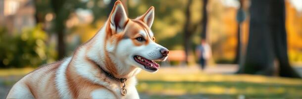 Siberian Husky Dog Portrait in Autumn Park with Leaves and Sunset Glow photo