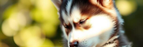 Cute Sleeping Husky Puppy with Fluffy Fur in Peaceful Nature Setting - Adorable Close-Up Portrait of a Relaxed Dog with Happy Expression and Warm Colors photo