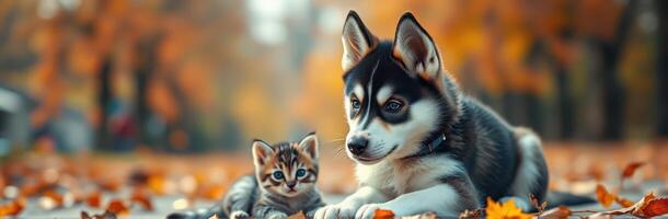 Cute Dog and Cat Playing Together in Autumn Leaves - Adorable Siberian Husky and Bengal Kitten in a Warm-Focused Forest Park Setting photo