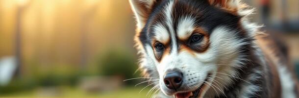 Cute Alaskan Klee Kai Puppy Portrait in Sunset Lighting - Fluffy Happy Dog with Blue Eyes in Nature Setting photo