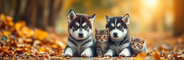 Puppy and Kitten Bonding in Autumn Leaves. Adorable Friendship of Furry Friends in a Warm Woodland Scene photo