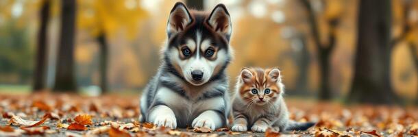Puppy and Kitten Together in Autumn Leaves. Adorable Furry Friends in a Natural Setting photo