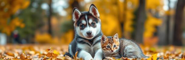 Autumn Adventures. Cute Puppy and Kitten Play Together Among Colorful Leaves photo