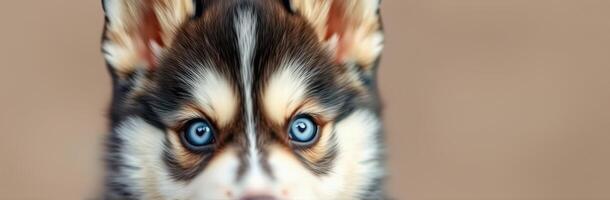 Cute Adorable Siberian Husky Puppy with Blue Eyes and Fluffy Fur - Close-Up Headshot on Brown Background photo