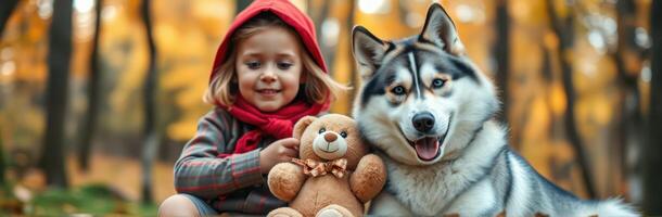 Child and Siberian Husky Adventure in Autumn Forest. Smiling Kid in Red Cloak with Teddy Bear Bonding Outdoors Amidst Falling Leaves photo