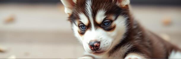 Cute Blue-Eyed Siberian Husky Puppy with Fluffy Fur and Sweet Expression in Charming Close-Up Pet Photography photo