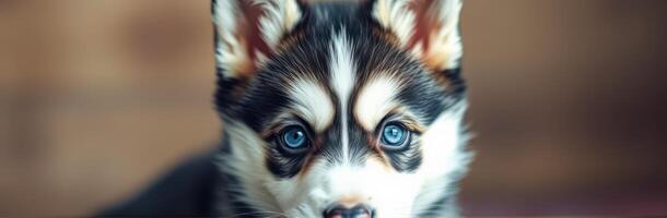 Cute Blue-Eyed Siberian Husky Puppy Portrait with Happy Expressions and Fluffy Fur on a Brown Background photo