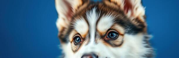 Cute Puppy Close-Up Portrait with Charming Eyes and Detailed Fur Against Vibrant Blue Background photo