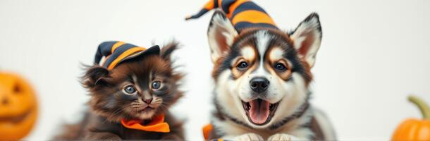 Cute Kitten and Puppy in Halloween Costumes. Adorable Pets in Witch Hats with Jack-O-Lanterns for a Joyful Autumn Celebration photo