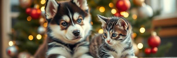 Puppy and Kitten Together Under a Christmas Tree. Adorable Holiday Companionship with Cute Pets, Fluffy Animals, and Festive Decorations in Joyful Bokeh Lights photo