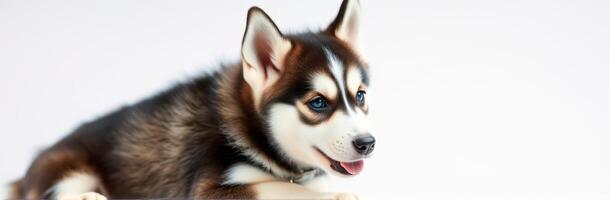 Cute Puppy Portrait of a Playful Siberian Husky with Blue Eyes on White Background photo